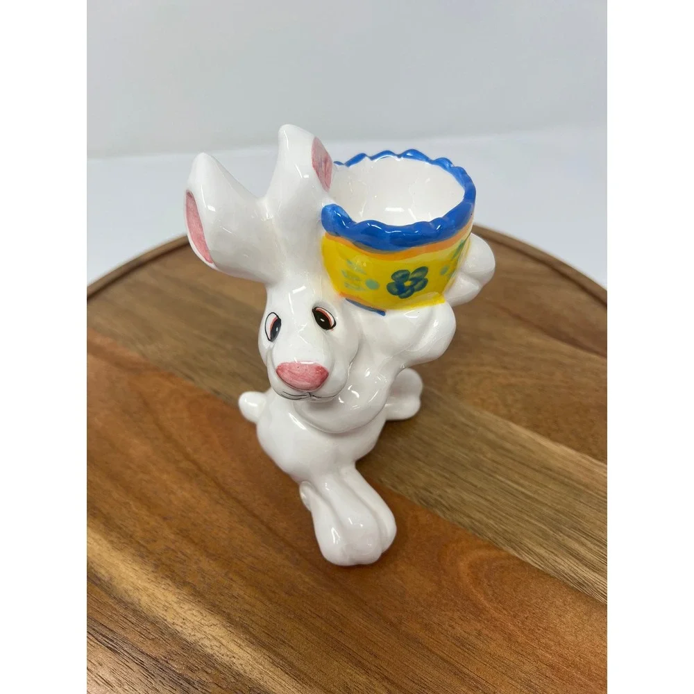 K's Collection White Bunny Rabbit Egg‎ Cup Holder Yellow Blue Floral Design